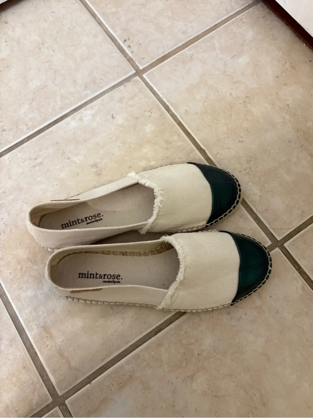 Mint & Rose Amalfi Creeper Espadrilles in Cream and cap toe metallic Green shoes